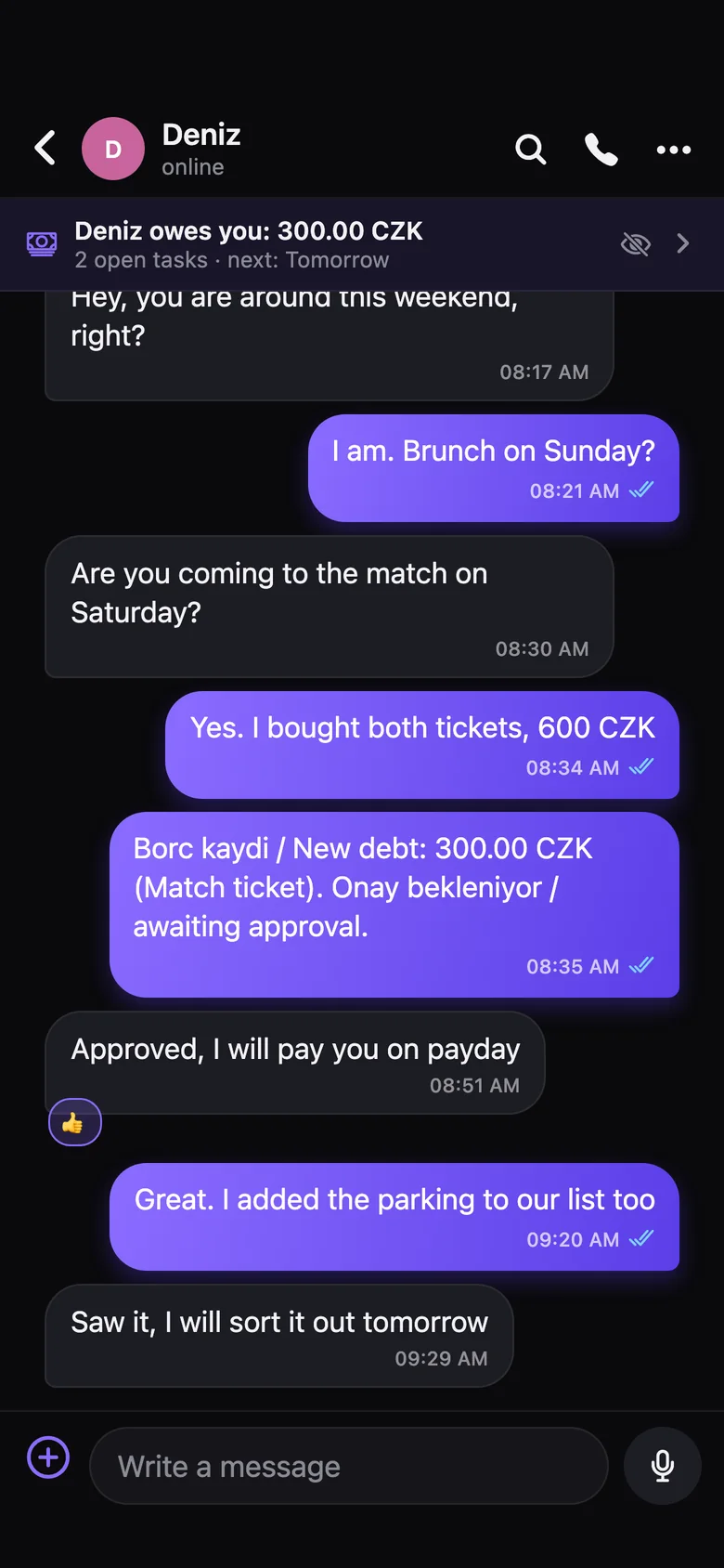 Debt strip on top of a chat and the debt record posted in the chat