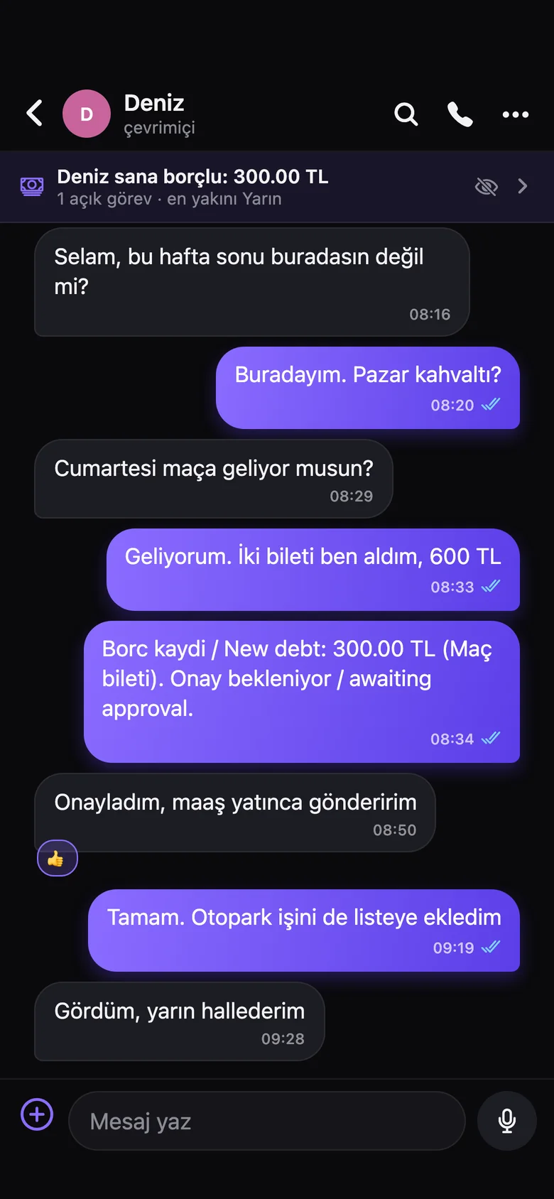 Drop sohbet ekranı: üstte borç ve görev şeridi