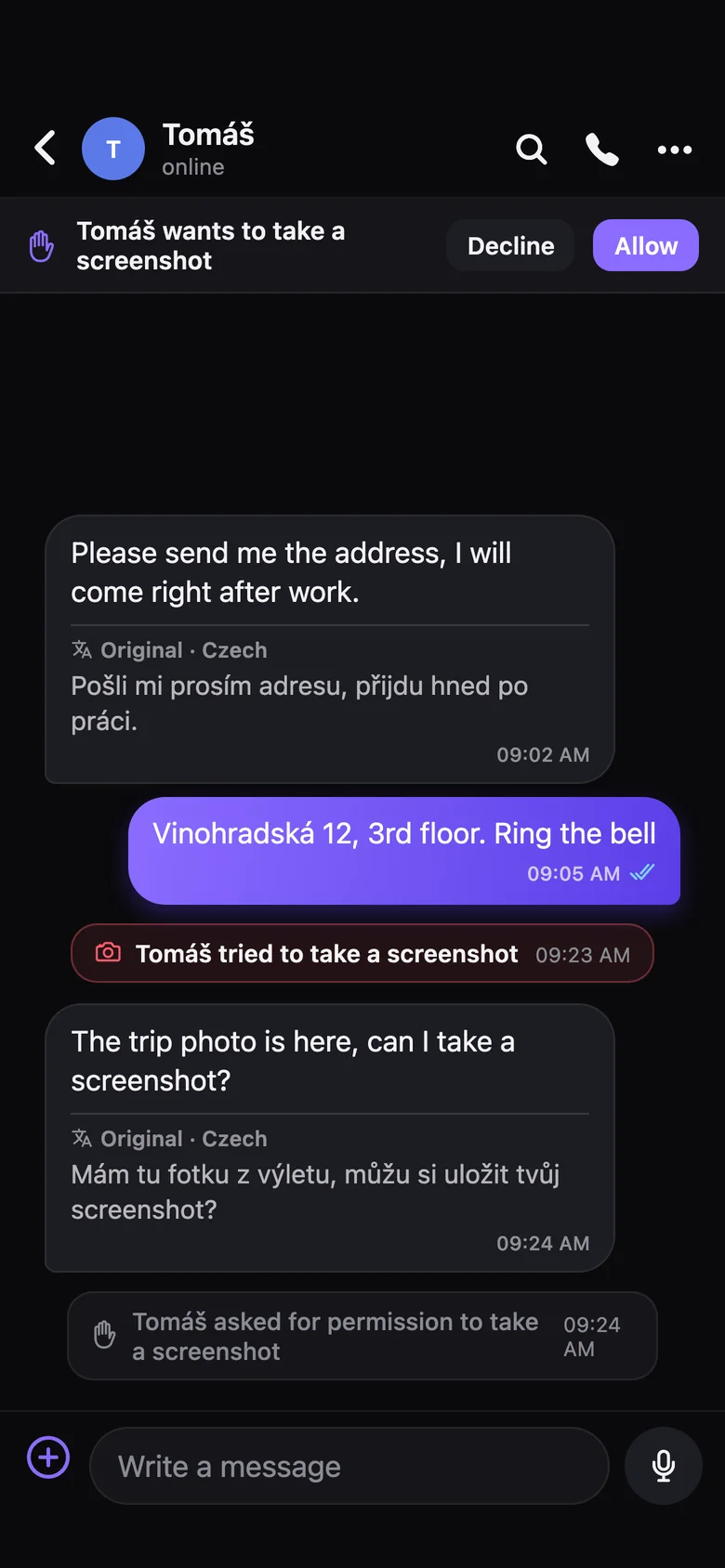 Chat showing a screenshot attempt notice and a permission request