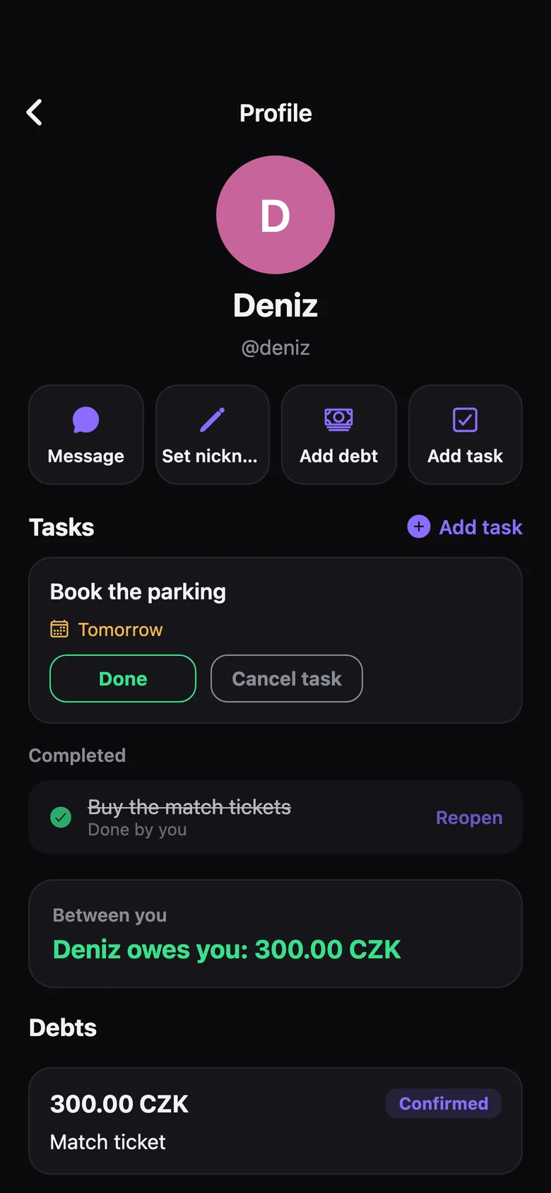 Profile screen with an open task due tomorrow and a completed task